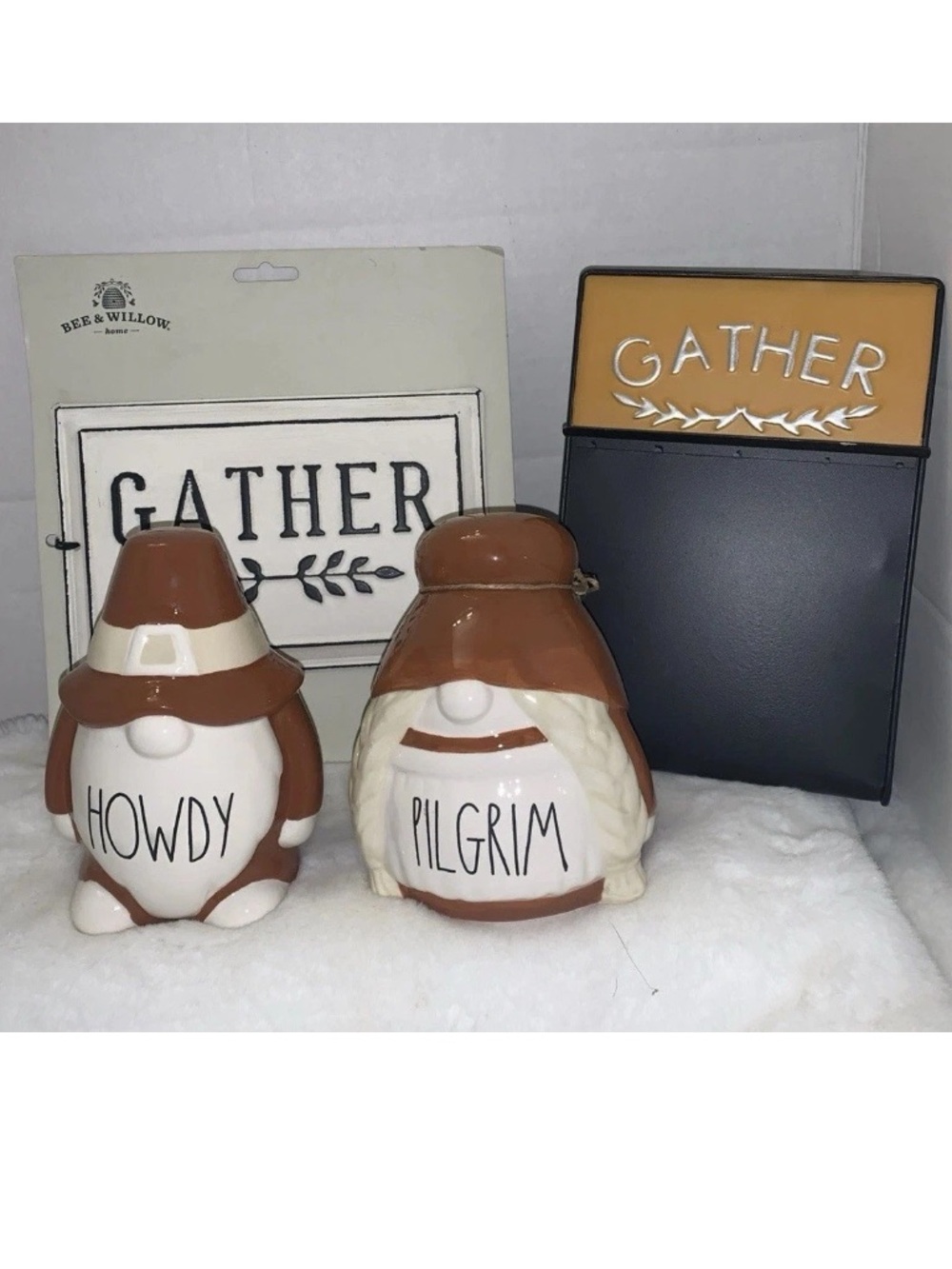 🎯 Rae Dunn Thanksgiving Pilgrim Gnomes Bee & Willow Gather Sign Chalkboard NWT